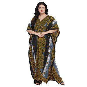Gypsie Blu Women Paisley Print Polyester V-Neck Black and Yellow Kaftan